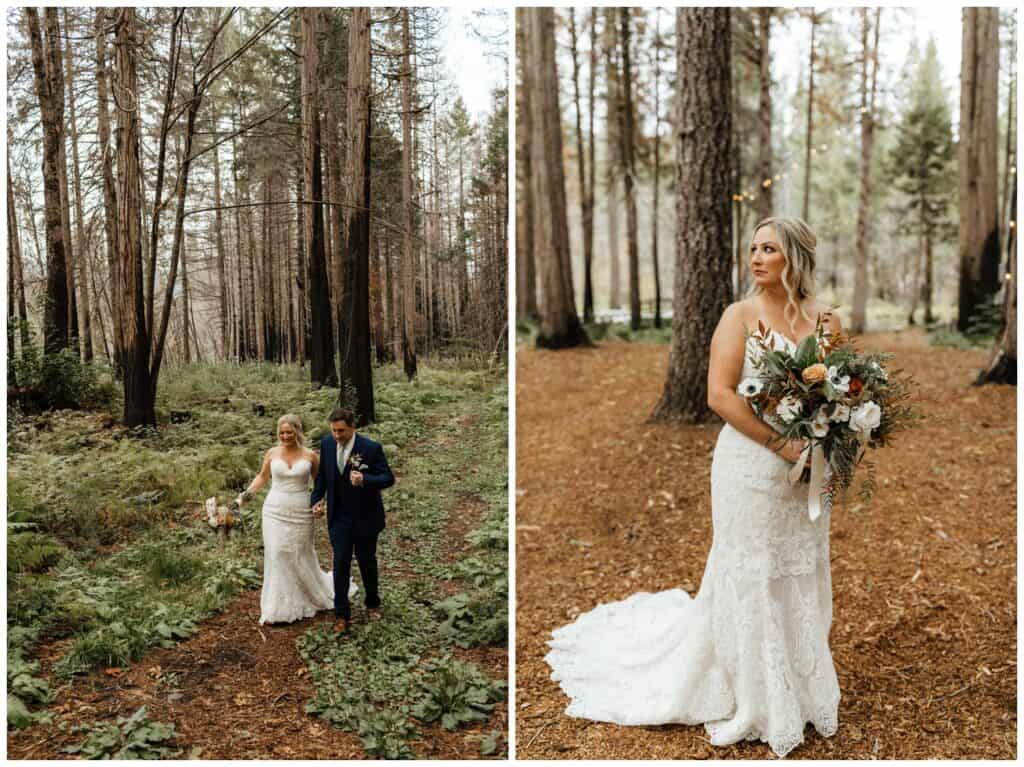 couple in wedding attire walking through a forest, bride with bouquet in hand looking to the left.