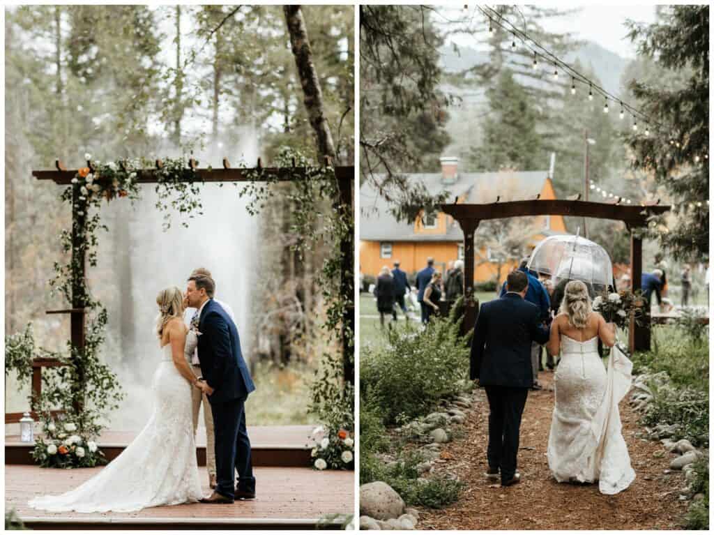 Couple dressed in wedding attire having their first kiss, walking hand in hand with an umbrella.