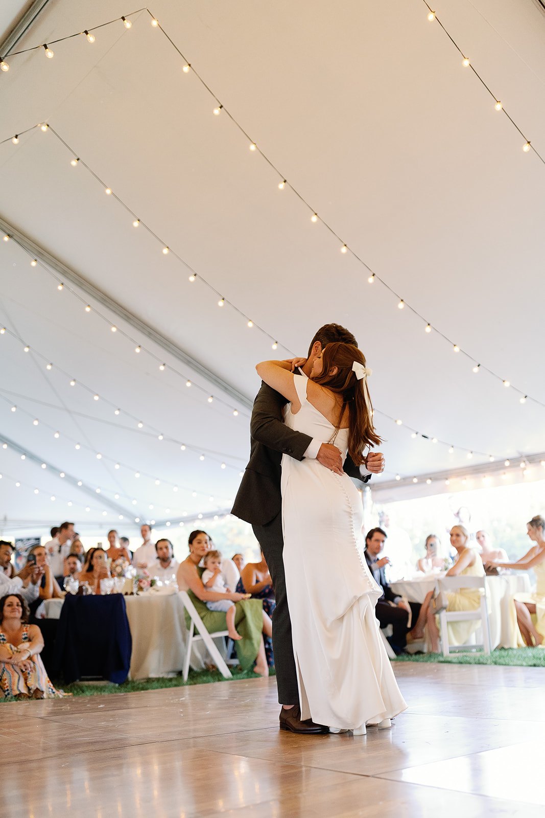 the bride and groom dancing at their central oregon wedding reception