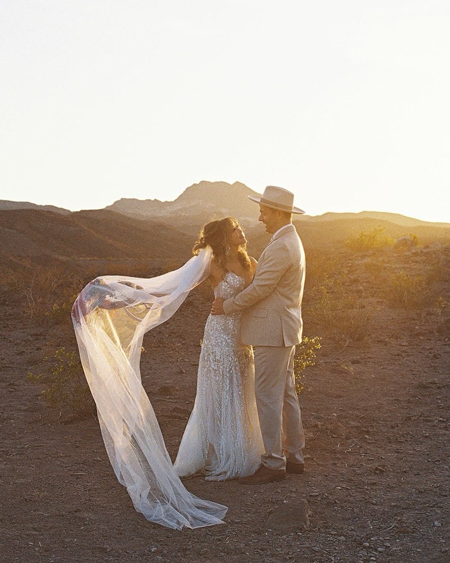 a bride and groom at their bend wedding